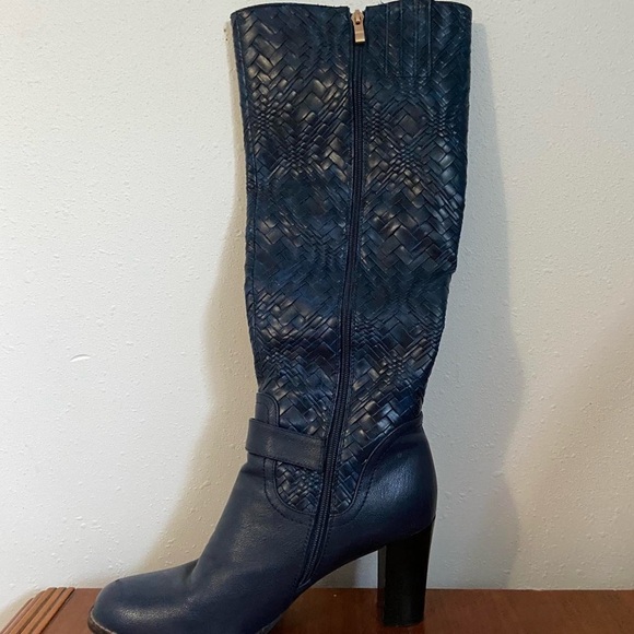 Navy Woven Heeled Rider Boots - Picture 4 of 7